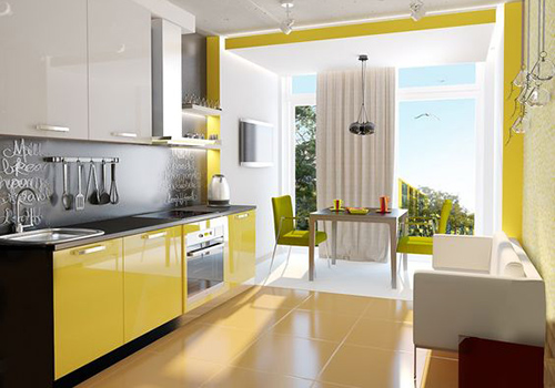 Кухня с яркими жёлтыми нижними фасадами
